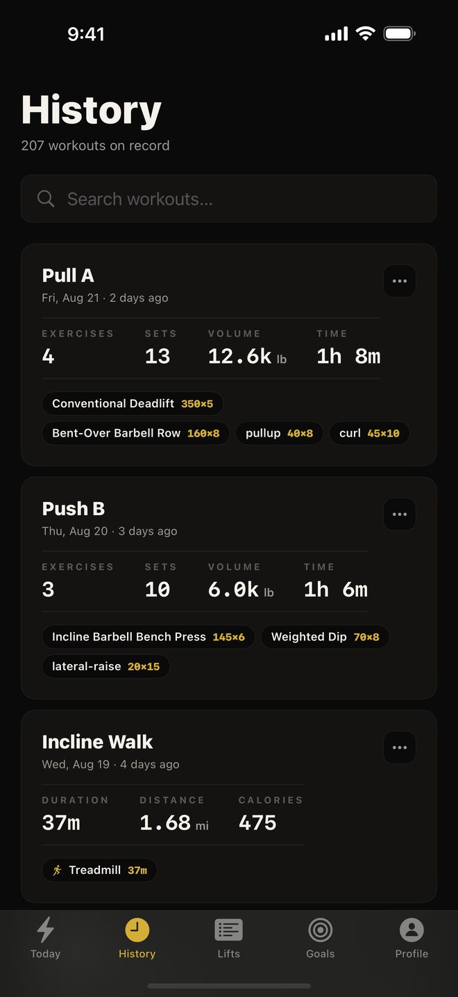 ORIGIN history: a searchable list of past workouts, each with exercise count, sets, total volume, duration and the exercises performed with their top set.